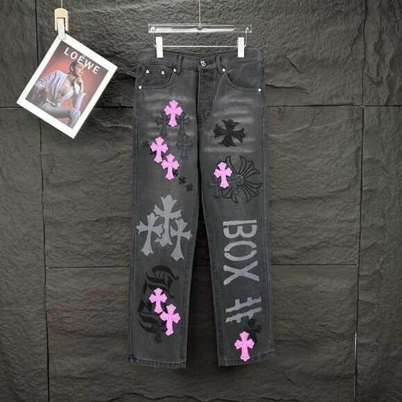 Chrome Hearts Black and Pink Straight Jeans with Bold Cross Designs - Picture 1 of 5